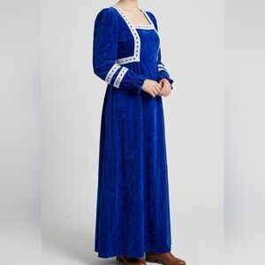 Vintage Blue Lace Trim Medieval Prairie Maxi Length Dress Victorian